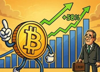Cartoonachtige crypto-illustratie van een grote wandelende Bitcoin die voor een stijgende grafiek staat met +58%, terwijl een verbaasde bankier met een koffertje "credit" toekijkt.