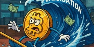 Cartoon van een Bitcoin-munt die overspoeld wordt door een golf met het woord "LIQUIDATION", symbool voor een massale crypto liquidatie.