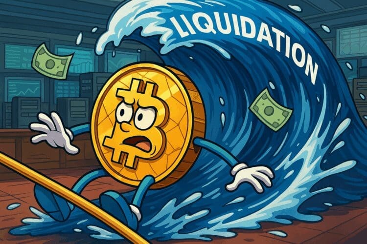 Cartoon van een Bitcoin-munt die overspoeld wordt door een golf met het woord "LIQUIDATION", symbool voor een massale crypto liquidatie.
