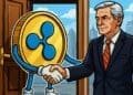 Cartoon van een gouden Ripple-munt die een zakenman de hand schudt, symbool voor de samenwerking tussen crypto en traditionele financiën.