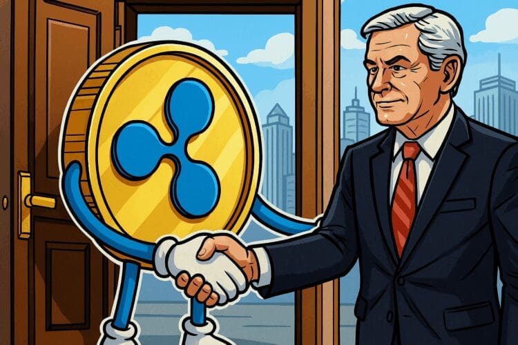 Cartoon van een gouden Ripple-munt die een zakenman de hand schudt, symbool voor de samenwerking tussen crypto en traditionele financiën.