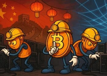 Cartoonillustratie van Bitcoin-munten als miners in China bij servers met de Chinese vlag en de Grote Muur op de achtergrond