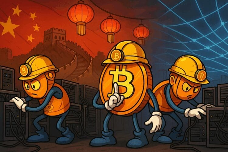 Cartoonillustratie van Bitcoin-munten als miners in China bij servers met de Chinese vlag en de Grote Muur op de achtergrond