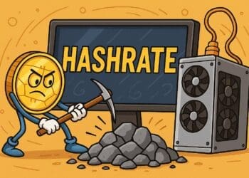 Cartoonillustratie van een goudkleurige coin met een boos gezicht die met een pikhouweel stenen hakt, naast een krachtig mining-apparaat en een scherm met het woord "HASHRATE", op een warme oranje achtergrond