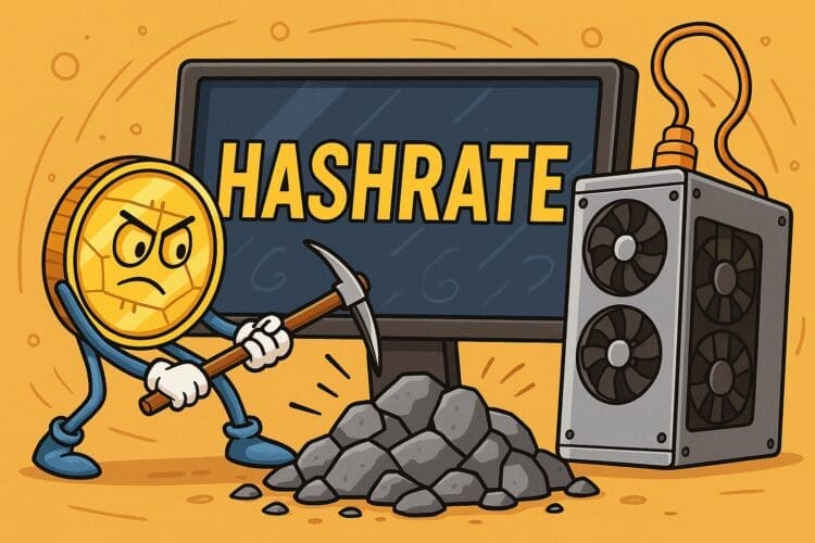 Cartoonillustratie van een goudkleurige coin met een boos gezicht die met een pikhouweel stenen hakt, naast een krachtig mining-apparaat en een scherm met het woord "HASHRATE", op een warme oranje achtergrond