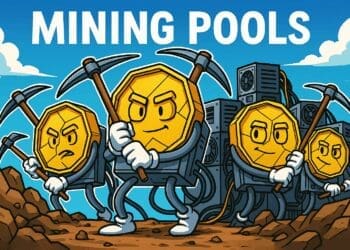Een levendige crypto-karikatuur waarin vier muntfiguren met pickaxes samen graven in een mijnbouwomgeving, met een heldere lucht en miningapparatuur op de achtergrond. Stijlvol en humoristisch weergegeven, met een focus op samenwerking in miningpools.