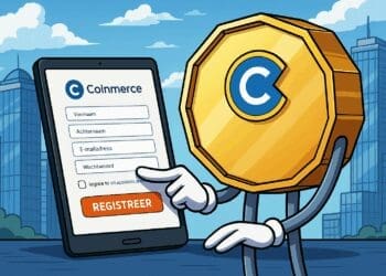 Cartoon van een gouden crypto munt die op een tablet het registratieformulier van Coinmerce invult in een moderne stad