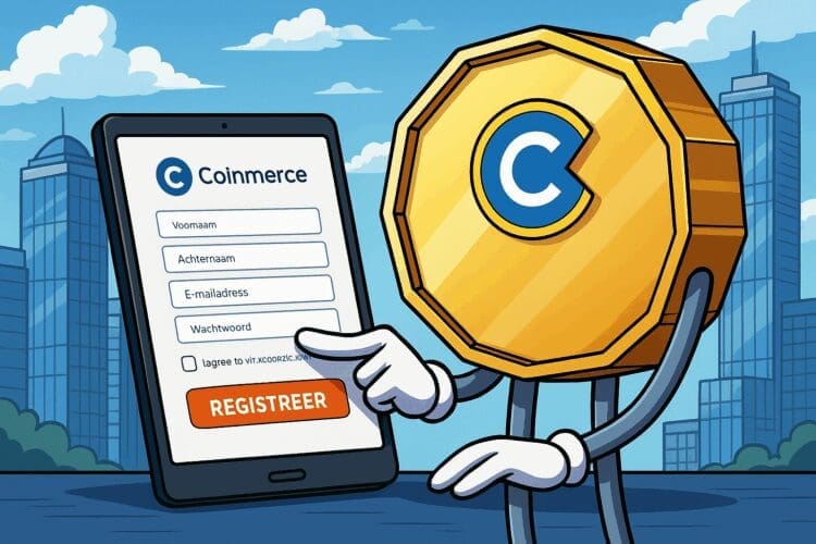Cartoon van een gouden crypto munt die op een tablet het registratieformulier van Coinmerce invult in een moderne stad
