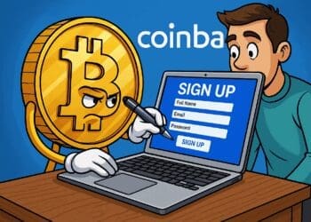 Cartoonachtige illustratie van een Bitcoin-karakter dat helpt bij het registreren op Coinbase in 2026 via een laptop.