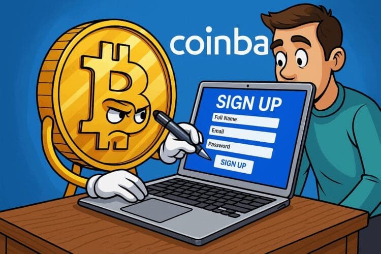 Cartoonachtige illustratie van een Bitcoin-karakter dat helpt bij het registreren op Coinbase in 2026 via een laptop.