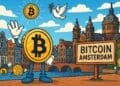 Cartoonachtige illustratie van een Bitcoin-personage in Amsterdam met grachtenpanden, zon en een bord met de tekst "Bitcoin Amsterdam 2025"