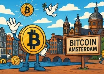 Cartoonachtige illustratie van een Bitcoin-personage in Amsterdam met grachtenpanden, zon en een bord met de tekst "Bitcoin Amsterdam 2025"