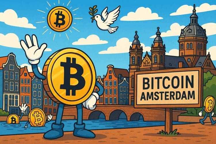 Cartoonachtige illustratie van een Bitcoin-personage in Amsterdam met grachtenpanden, zon en een bord met de tekst "Bitcoin Amsterdam 2025"