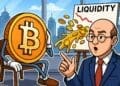 Cartoon waarin een bezorgde Bitcoin-figuur luistert naar een analist die uitlegt hoe liquiditeit weglekt uit de markt