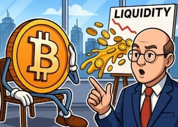 Cartoon waarin een bezorgde Bitcoin-figuur luistert naar een analist die uitlegt hoe liquiditeit weglekt uit de markt