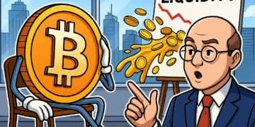 Cartoon waarin een bezorgde Bitcoin-figuur luistert naar een analist die uitlegt hoe liquiditeit weglekt uit de markt