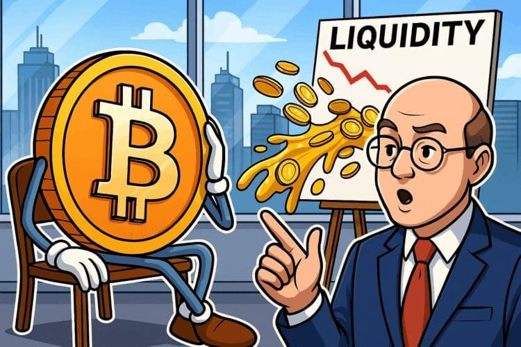 Cartoon waarin een bezorgde Bitcoin-figuur luistert naar een analist die uitlegt hoe liquiditeit weglekt uit de markt