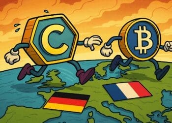 Cartoon van twee lopende cryptomunten, waarvan één met de letter C voor Coinmerce, die over een kaart van Europa richting de vlaggen van Frankrijk en Duitsland beweegt.