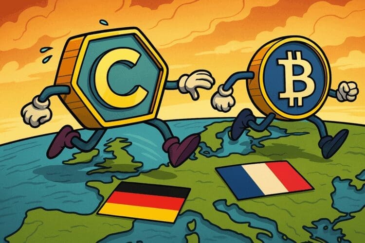 Cartoon van twee lopende cryptomunten, waarvan één met de letter C voor Coinmerce, die over een kaart van Europa richting de vlaggen van Frankrijk en Duitsland beweegt.