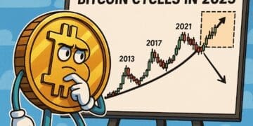 Een cartoonachtige Bitcoin-munt kijkt nadenkend naar een grafiek met koerspieken uit 2013, 2017, 2021 en een voorspelling voor 2025