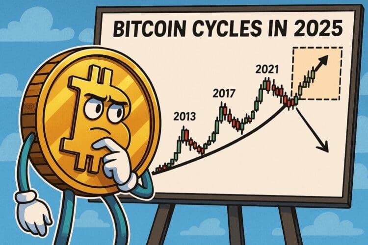 Een cartoonachtige Bitcoin-munt kijkt nadenkend naar een grafiek met koerspieken uit 2013, 2017, 2021 en een voorspelling voor 2025