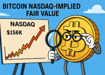 Cartoonachtige illustratie van een Bitcoin-munt met bril die een stijgende Nasdaq-grafiek bekijkt met een pijl naar $156.000.