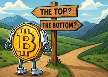 Cartoon van een Bitcoin-munt die op een kruispunt staat en twijfelt tussen twee richtingen met borden “The Top?” en “The Bottom?” tegen een bergachtig landschap.