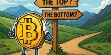 Cartoon van een Bitcoin-munt die op een kruispunt staat en twijfelt tussen twee richtingen met borden “The Top?” en “The Bottom?” tegen een bergachtig landschap.