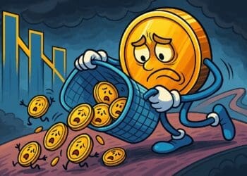 Cartoon van een bezorgde Bitcoin-munt die een mand met goudstukken omkiept, symbool voor de recente uitstroom uit Bitcoin Spot ETF’s in november 2025.