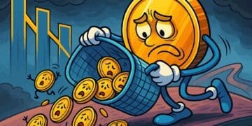 Cartoon van een bezorgde Bitcoin-munt die een mand met goudstukken omkiept, symbool voor de recente uitstroom uit Bitcoin Spot ETF’s in november 2025.