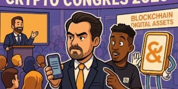 Cartoonachtige illustratie van het Crypto Congres 2025 met sprekers, publiek en blockchain-thema in een levendige conferentiesetting.