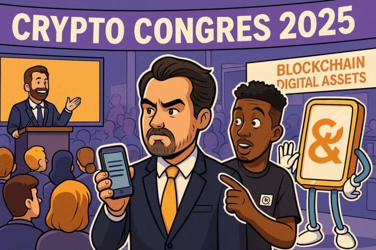Cartoonachtige illustratie van het Crypto Congres 2025 met sprekers, publiek en blockchain-thema in een levendige conferentiesetting.