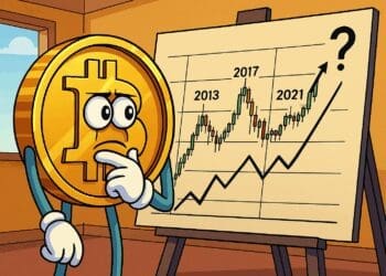 Een cartoonachtige Bitcoin-munt kijkt nadenkend naar een koersgrafiek met toppen uit 2013, 2017 en 2021, terwijl een groot vraagteken de onzekerheid over de volgende cyclus symboliseert.