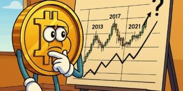 Een cartoonachtige Bitcoin-munt kijkt nadenkend naar een koersgrafiek met toppen uit 2013, 2017 en 2021, terwijl een groot vraagteken de onzekerheid over de volgende cyclus symboliseert.