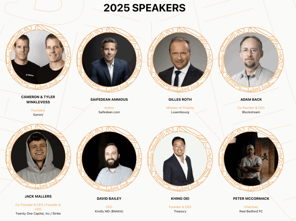 Overzicht van sprekers van Bitcoin Amsterdam 2025, waaronder de gebroeders Winklevoss, Saifedean Ammous, Gilles Roth, Adam Back, Jack Mallers, David Bailey, Khing Oei en Peter McCormack.