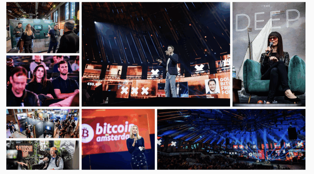 Bezoekers, sprekers en stands tijdens Bitcoin Amsterdam 2025, met druk bezochte zalen, livepresentaties en netwerkmomenten in de SugarFactory in Amsterdam.