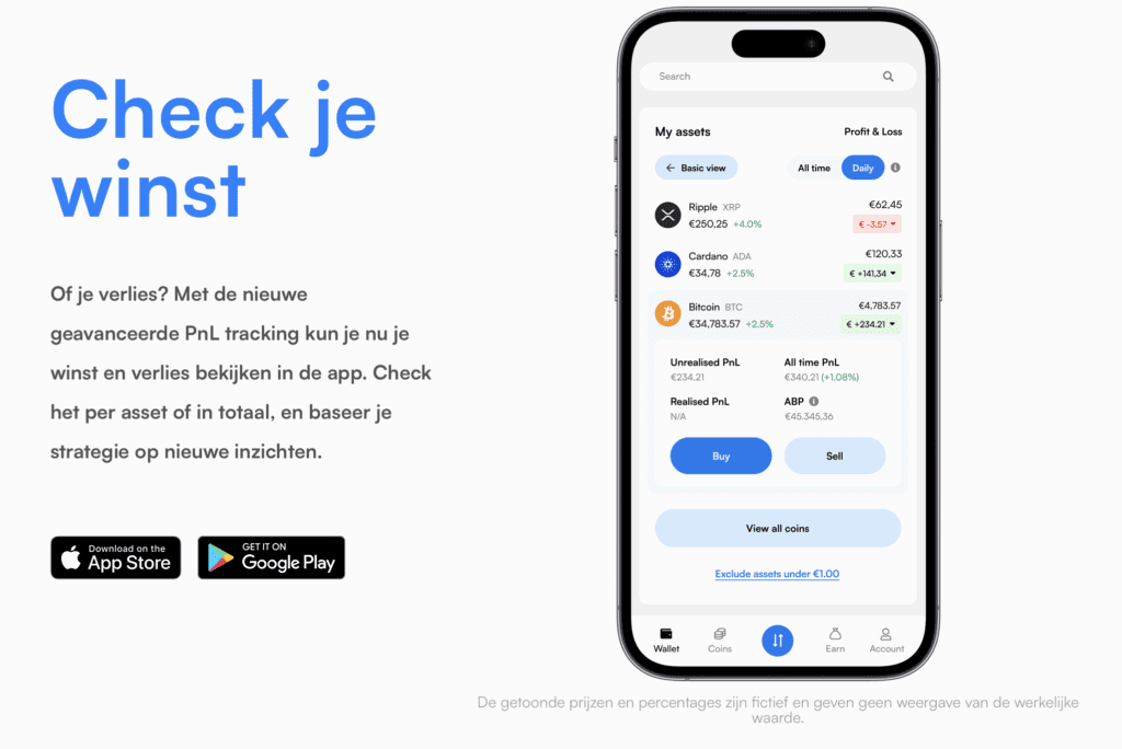 Schermvoorbeeld van de Coinmerce app waarin gebruikers hun cryptoportefeuille, winst en verlies per asset kunnen zien via de nieuwe PnL-trackingfunctie.