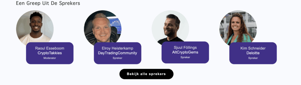 Afbeelding met vier sprekers van het Crypto Congres 2025, met hun naam, organisatie en functie. Onder hen een knop met de tekst “Bekijk alle sprekers”.