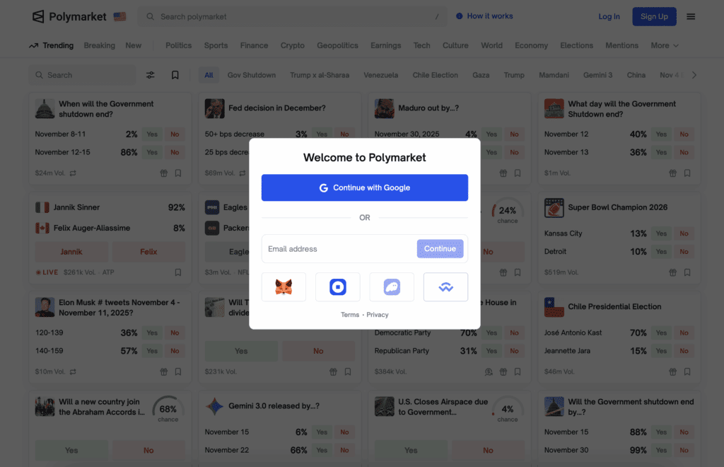 Screenshot van het inlogscherm van Polymarket waarop gebruikers kunnen inloggen via Google, e-mail of crypto-wallets zoals MetaMask en Coinbase Wallet.