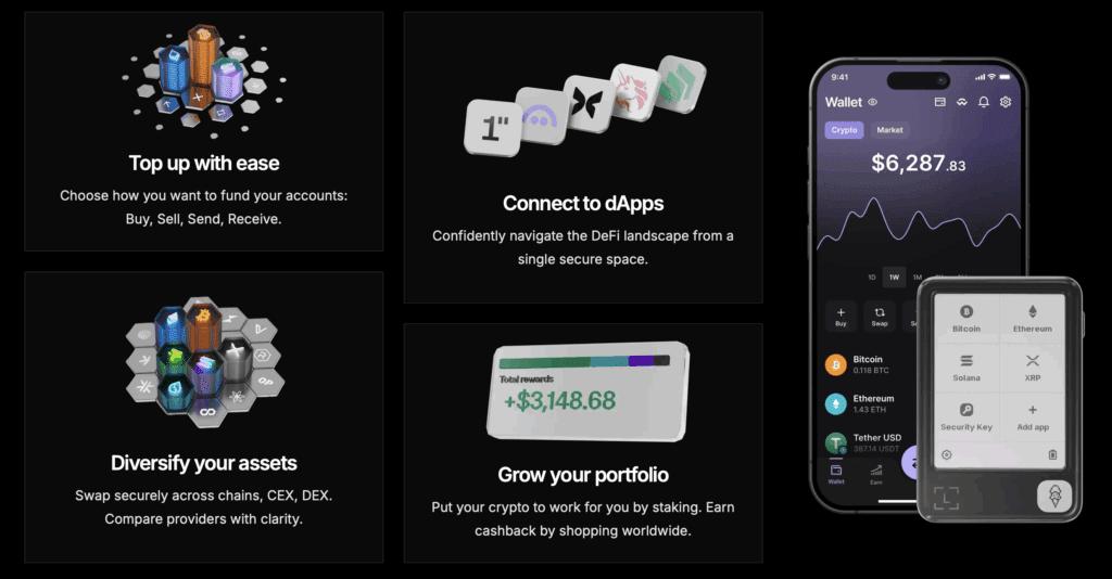 Overzichtsafbeelding van de Ledger Flex naast een smartphone met de Ledger-app, die functies toont zoals staking, portfolio-overzicht en verbinding met dApps binnen het crypto-ecosysteem.