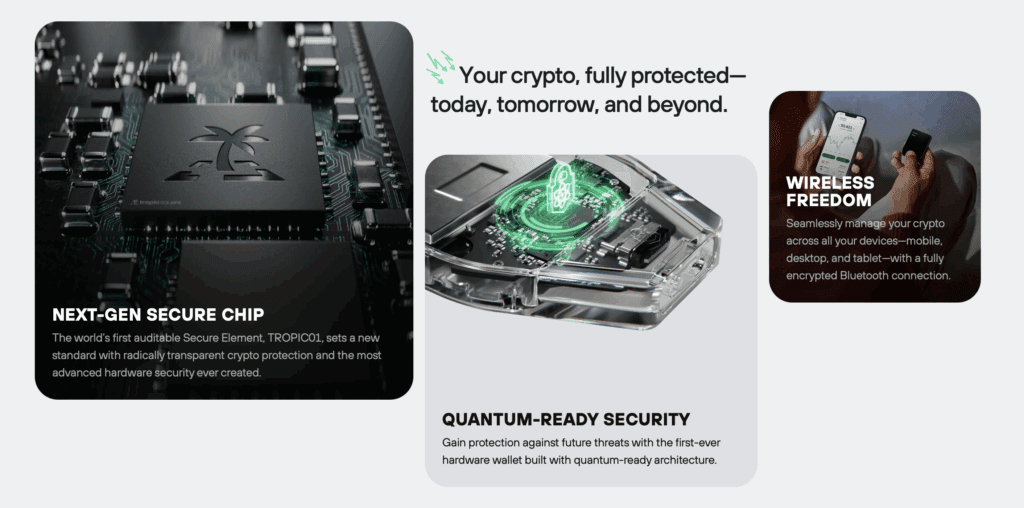 Afbeelding van de Trezor Safe 7 hardware wallet met productpagina die de moderne beveiliging, het design en de prijs van de wallet toont.