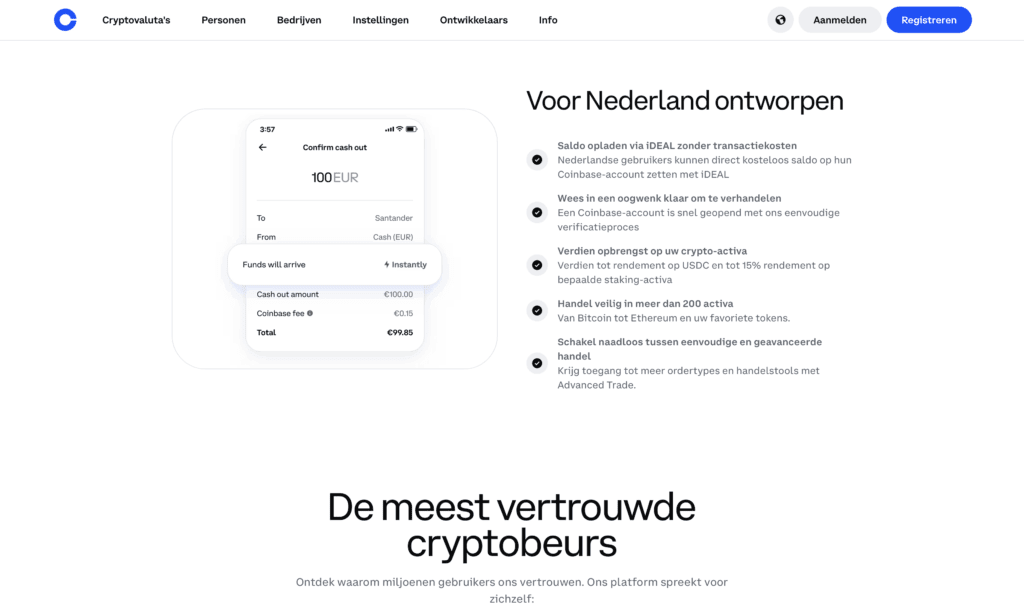 Overzicht van Coinbase-functies voor Nederlandse gebruikers zoals iDEAL-stortingen, snel handelen, rendement verdienen en Advanced Trade.