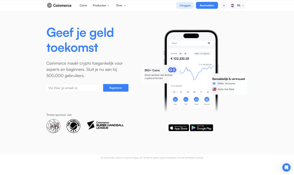 Coinmerce registratiepagina met aanbod van 350+ coins, portfolio-overzicht op mobiel en mogelijkheid om te kopen met iDEAL.