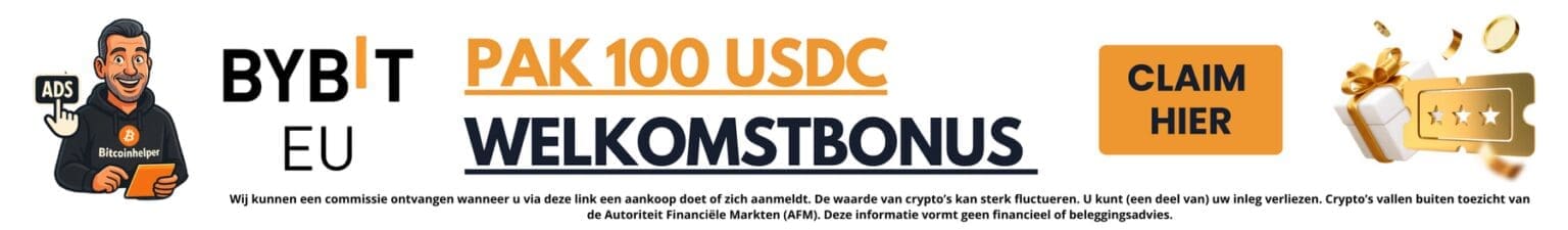 Promotiebanner van Bybit EU met de tekst pak 100 USDC welkomstbonus en een claim hier knop, aangeboden via Bitcoinhelper.