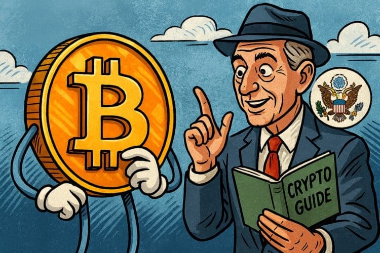 Karikatuur van een Bitcoin die uitleg krijgt van een overheidsfunctionaris over het veilig bewaren van crypto en wallets