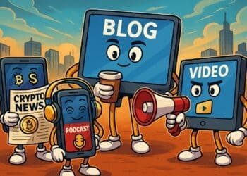 Crypto karikatuur met blog, nieuws, podcast en video over de beste crypto blogs van 2026