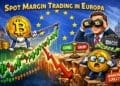 Crypto karikatuur van spot margin trading in Europa met Bitcoin, hefboomwerking, long en short posities en Europese symbolen.
