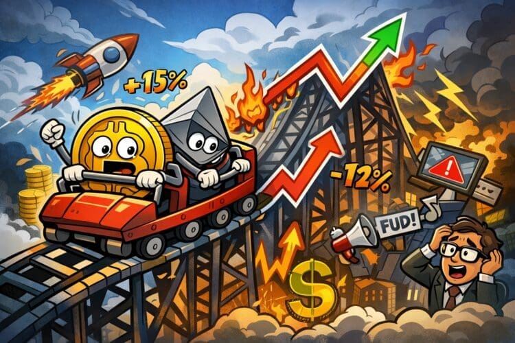 Crypto karikatuur van bitcoin en ethereum in een achtbaan die sterke koersschommelingen in de volatiele cryptomarkt verbeeldt