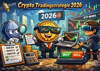 Karikatuurillustratie van een cryptocurrency tradingstrategie in 2026 met Bitcoin, grafieken, analyse en risicomanagement