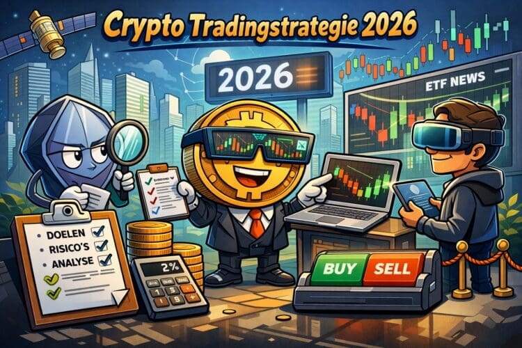 Karikatuurillustratie van een cryptocurrency tradingstrategie in 2026 met Bitcoin, grafieken, analyse en risicomanagement
